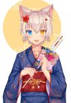  1boy :3 :d animal_ears arrow bangs bell blue_eyes blue_ribbon cat_ears commentary_request fang floral_print flower hair_between_eyes hair_flower hair_ornament hamaya heterochromia holding japanese_clothes jingle_bell kida_kuro_mu kimono long_sleeves looking_at_viewer nengajou new_year obi open_mouth original ribbon sash shiro_(kida_kuro_mu) slit_pupils smile solo trap two-tone_background upper_body white_hair wide_sleeves yellow_eyes 