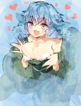  1girl :d bangs bei_mochi blue_eyes blue_hair blush breasts cleavage heart heart-shaped_pupils highres japanese_clothes kimono large_breasts long_sleeves mermaid monster_girl off_shoulder open_mouth partially_submerged ringlets smile solo symbol-shaped_pupils touhou wakasagihime wide_sleeves 