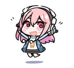  1girl chibi headphones jumping long_hair looking_at_viewer minoa_(lastswallow) nitroplus open_mouth pink_eyes pink_hair smile solo super_sonico white_background 