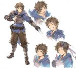  1boy adjusting_hair armor belt breastplate brown_eyes closed_eyes expressions fighter_(granblue_fantasy) gauntlets gran_(granblue_fantasy) granblue_fantasy hood hoodie male_focus natsuno_(natsuno_a1) petals simple_background smile sword weapon white_background 
