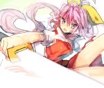  &gt;:o 1girl :o bei_mochi bow dress foreshortening hair_between_eyes hair_bow highres holding holding_sword holding_weapon long_hair open_mouth pink_eyes pink_hair red_dress short_sleeves solo sword touhou upper_body watatsuki_no_yorihime weapon yellow_bow 