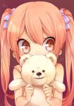  1girl hair_bow momobako pink_eyes pink_hair rojiko strap_slip teddy_bear twintails 