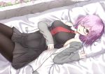  1girl black_dress black_legwear breasts dress fate/grand_order fate_(series) glasses hair_over_one_eye highres jacket large_breasts lying necktie on_back pantyhose purple_hair rong_yi_tan shielder_(fate/grand_order) short_hair solo violet_eyes 