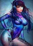  1girl acronym animal_print anne_pogoda artist_name bangs blue_bodysuit blue_eyes bodysuit bracer breasts brown_eyes brown_hair bunny_print contrapposto cowboy_shot d.va_(overwatch) facepaint facial_mark gloves hand_on_hip headphones high_collar long_hair looking_at_viewer medium_breasts overwatch patreon_username pilot_suit ribbed_bodysuit shoulder_pads skin_tight solo standing swept_bangs whisker_markings white_gloves 