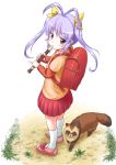  1girl ahoge animal antenna_hair backpack bag blush_stickers expressionless eyebrows from_above full_body grass ground gu_(non_non_biyori) hair_ornament hair_ribbon highres instrument jitome lavender_hair long_hair looking_at_viewer miyauchi_renge music non_non_biyori playing_instrument pleated_skirt randoseru recorder red_eyes ribbon shirt shoelaces shoes short_over_long_sleeves skirt sneakers socks standing tanuki tsukikusa_(hirukawa_sh) twintails white_background 