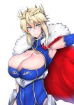  &gt;:( 1girl absurdres ahoge armpits artoria_pendragon_lancer_(fate/grand_order) bangs blonde_hair breasts cape cleavage cleavage_cutout closed_mouth covered_navel crown fate/grand_order fate_(series) fur_trim gggg green_eyes highres huge_breasts leotard looking_at_viewer saber sidelocks solo upper_body 