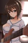  1girl artist_request bass_guitar breast_rest breasts brown_eyes girls_und_panzer highres instrument large_breasts nishizumi_maho room short_hair solo sweater tagme 