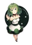  1girl 2016 :o absurdres alternate_costume antenna_hair arm_at_side arm_warmers artist_name bare_shoulders black_shoes blush breasts collarbone colored_eyelashes dress emerald foreshortening frilled_dress frills full_body gem green_eyes green_hair gumi highres looking_at_viewer looking_up medium_breasts moeno_himeka no_legwear no_socks open_mouth outline perspective sanpaku shoes short_hair solo standing star strapless strapless_dress tareme vocaloid waving white_dress 