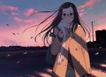  1girl bag blush brown_hair building cardigan clouds coat crying crying_with_eyes_open glasses grass hair_ornament hairclip house leaf long_hair looking_at_viewer morifumi necktie original power_lines sad school_bag school_uniform sky sunset tears telephone_pole town wind x_hair_ornament 