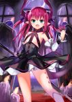  1girl :d absurdres amamitsu_kousuke bare_shoulders black_skirt blue_eyes blue_ribbon corset detached_sleeves dragon_tail fang fate/extra fate/extra_ccc fate_(series) hair_ribbon highres horns lancer_(fate/extra_ccc) long_hair looking_at_viewer open_mouth pink_hair pointy_ears ribbon skirt smile solo standing tail 