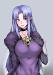  1girl absurdres black_gloves blue_eyes blue_hair braid breasts caster choker collarbone dress fate/stay_night fate_(series) gggg gloves hair_intakes highres juliet_sleeves large_breasts long_hair long_sleeves looking_at_viewer parted_lips pointy_ears puffy_sleeves purple_dress sidelocks smile solo upper_body 