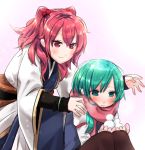  2girls arm_garter asymmetrical_hair blush breath closed_mouth green_eyes green_hair hair_bobbles hair_ornament highres japanese_clothes juliet_sleeves long_sleeves looking_at_another mappe_(778exceed) multiple_girls obi onozuka_komachi puffy_sleeves red_eyes red_scarf redhead sash scarf shiki_eiki sitting smile snow touhou twintails wide_sleeves 