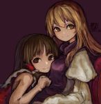  2girls alternate_breast_size bangs blonde_hair blunt_bangs breast_pillow breasts brown_eyes brown_hair chair dress eyebrows_visible_through_hair frilled_shirt_collar frills hair_tubes hakurei_reimu highres jimuguri_(dzimuguri) long_hair long_sleeves looking_at_viewer multiple_girls no_hat no_headwear puffy_long_sleeves puffy_sleeves purple_background red_shirt shirt short_hair sidelocks signature simple_background sitting sleeveless sleeveless_shirt small_breasts smile tabard touhou white_dress yakumo_yukari yellow_eyes 