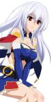  1girl absurdres bare_legs bare_shoulders between_legs blue_clothes breasts cleavage cleavage_cutout detached_sleeves eleonora_viltaria female hair_between_eyes hand_between_legs highres large_breasts legs long_hair looking_at_viewer madan_no_ou_to_vanadis midriff neck red_eyes revealing_clothes silver_hair simple_background sitting skirt solo sugimura_tomokazu v_arms white_background 