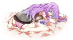  1girl ass bare_legs barefoot blue_bow blue_eyes blush bow breasts hair_bow large_breasts lingerie long_hair looking_at_viewer lying negligee panties patchouli_knowledge pink_panties purple_hair red_bow simple_background solo touhou underwear white_background yamada_yukihito 