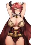  1girl animal_ears armpits arms_behind_head arms_up bare_arms bell blush breasts cape cleavage cow_ears cow_girl cow_horns cowboy_shot curvy doraf earrings granblue_fantasy highres holstaur horns jewelry large_breasts looking_at_viewer norman_maggot orange_eyes pink_hair red_eyes redhead short_hair solo strum_(granblue_fantasy) wide_hips 
