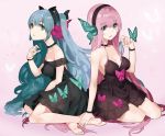  2girls aqua_hair bangs black_dress bracelet breasts butterfly choker cleavage dress full_body hatsune_miku jewelry long_hair magnet_(vocaloid) megurine_luka multiple_girls nail_polish pink_hair sitting torimahera very_long_hair vocaloid 