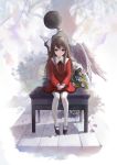  1girl brown_eyes brown_hair closed_mouth deemo deemo_(character) dress expressionless feathered_wings full_body girl_(deemo) highres long_hair long_sleeves looking_at_viewer mary_janes neck_ribbon pantyhose puffy_long_sleeves puffy_sleeves red_dress ribbon shoes sidelocks sishenfan sitting white_legwear white_wings wings 