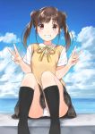  1girl bangs bashosho black_legwear blue_sky blush breasts brown_eyes brown_hair clouds collared_shirt commentary day double_bun dress_shirt eyebrows_visible_through_hair feet_out_of_frame fingernails grey_skirt grin highres horizon idolmaster idolmaster_shiny_colors kneehighs long_hair looking_at_viewer neck_ribbon no_shoes ocean outdoors panties plaid plaid_skirt pleated_skirt ribbon shirt side_bun sidelocks sitting skirt sky small_breasts smile solo sonoda_chiyoko sweater_vest twintails underwear white_panties white_shirt yellow_ribbon 