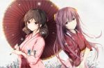  3girls asakaze_(kantai_collection) bow brown_hair drill_hair hair_bow hakama harukaze_(kantai_collection) japanese_clothes kamikaze_(kantai_collection) kantai_collection kimono long_hair mable meiji_schoolgirl_uniform minigirl multiple_girls oriental_umbrella pink_hakama pink_kimono purple_hair red_bow red_eyes red_hakama red_kimono tasuki twin_drills umbrella violet_eyes yellow_bow 