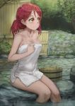  1girl absurdres blush breasts bucket cleavage collarbone highres looking_to_the_side love_live! love_live!_sunshine!! naked_towel nude onsen outdoors partially_submerged redhead rock sakurauchi_riko short_hair sitting smile soaking_feet solo steam tied_hair towel tree water yellow_eyes yohan1754 