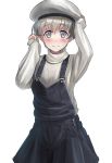  1girl androgynous ao_iro beret casual grey_eyes hat highres kantai_collection overalls short_hair silver_hair sleeves_past_wrists smile solo turtleneck z1_leberecht_maass_(kantai_collection) 