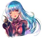  1girl ;) bangs blunt_bangs blush breasts candy food food_in_mouth gauntlets index_finger_raised kula_diamond lollipop long_hair long_sleeves looking_at_viewer medium_breasts one_eye_closed oro_(sumakaita) red_eyes smile solo the_king_of_fighters upper_body 