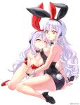  2girls aken animal_ears bow bowtie breasts bunny_tail bunnysuit character_request cleavage detached_collar elsword high_heels highres long_hair multiple_girls rabbit_ears red_eyes sitting tail wariza white_hair wrist_cuffs yellow_eyes 