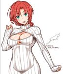  1girl artist_name bangs boudica_(fate/grand_order) breasts cleavage commentary_request fate/grand_order fate_(series) fue_(rhomphair) green_eyes large_breasts open-chest_sweater open_mouth parted_bangs redhead ribbed_sweater signature simple_background sketch sleeves_past_wrists smile solo sweater teeth turtleneck turtleneck_sweater twitter_username upper_body white_background 