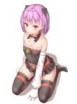  1girl bangs bare_shoulders belt belt_buckle black_legwear blush breasts buckle cleavage collarbone detached_collar detached_sleeves dress fate/grand_order fate_(series) frilled_dress frills from_above hair_ribbon helena_blavatsky_(fate/grand_order) looking_at_viewer no_shoes purple_hair reinama ribbon seiza shadow short_dress short_hair simple_background sitting small_breasts smile solo thigh-highs violet_eyes white_background wing_collar 