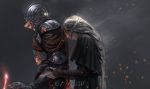  1boy 1girl arm_wrap armor artist_name ashen_one_(dark_souls_3) ashtray black blonde_hair braid burning cape capelet commentary covered_eyes dark dark_souls_iii fire_keeper from_side full_armor gauntlets glowing grey_background hand_on_another&#039;s_arm helmet leaning_on_person long_hair mask parted_lips profile single_braid smoke souls_(from_software) sword upper_body very_long_hair weapon wlop 