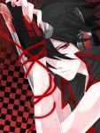  &gt;:( 1boy bare_shoulders black_hair detached_sleeves headphones microphone red_eyes short_hair solo tagme wire zatsune_mikuo 