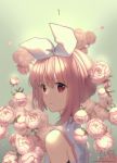  1girl artist_name bare_shoulders blush eyebrows_visible_through_hair flower from_side green_background hair_ribbon light_smile looking_at_viewer looking_to_the_side number original parted_lips pink_rose plant ribbon rose rosuuri short_hair simple_background sleeveless solo straight_hair tareme upper_body white_ribbon 