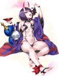  1girl arm_up bare_shoulders blush breasts cup eating eyebrows_visible_through_hair fang fate/grand_order fate_(series) feet food fruit full_body grapes highres horns japanese_clothes kimono kure_masahiro looking_at_viewer navel no_shoes off_shoulder oni oni_horns open_mouth purple_hair revealing_clothes sakazuki short_hair shuten_douji_(fate/grand_order) sitting solo toeless_legwear toes tongue tongue_out violet_eyes white_background 