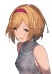  1girl bangs bare_shoulders blonde_hair blush breasts brown_eyes djeeta_(granblue_fantasy) dress eyebrows_visible_through_hair granblue_fantasy grey_dress hairband halterneck hanarito highres looking_at_viewer medium_breasts no_bra open_mouth red_hairband ribbed_sweater short_hair simple_background smile solo sweater sweater_dress turtleneck turtleneck_sweater upper_body virgin_killer_sweater white_background 