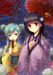  2girls black_eyes black_hair furuya_mero green_eyes hair_ornament highres holding holding_umbrella japanese_clothes kimono long_hair multiple_girls oriental_umbrella outdoors red_eyes sanka_rea sankarea sash smile umbrella yezhi_na yukata 