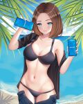  1girl beach bikini blue_eyes blue_nails breasts brown_hair cellphone highres looking_at_viewer mole mole_under_eye navel phone samsung samsung_sam shirt smartphone solo swimsuit sylphy_(user_nngk5244) underwear 