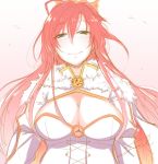  1girl artist_name bangs blush boudica_(fate/grand_order) breasts cleavage closed_mouth commentary_request corset crown eyebrows_visible_through_hair fate/grand_order fate_(series) fue_(rhomphair) fur_trim hair_between_eyes half-closed_eyes large_breasts light_smile long_hair looking_at_viewer o-ring_top redhead signature sketch solo upper_body 
