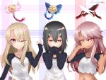  3girls alternate_costume black_hair chloe_von_einzbern command_spell copyright_name crop_top dark_skin fate/kaleid_liner_prisma_illya fate_(series) hair_ornament hairclip highres illyasviel_von_einzbern kanshou_&amp;_bakuya long_hair looking_at_viewer magical_ruby magical_sapphire matching_outfit midriff miyu_edelfelt multiple_girls nakoya_(nane_cat) navel one_eye_closed pink_hair raglan_sleeves red_eyes shirt short_hair sleeves_past_wrists smile torn_clothes torn_shirt upper_body white_hair yellow_eyes 