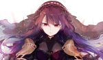  1girl bodysuit breasts canothy fate/grand_order fate_(series) highres large_breasts long_hair looking_at_viewer pauldrons purple_bodysuit purple_hair red_eyes scathach_(fate/grand_order) sketch solo veil 