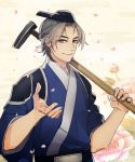  1boy black_hair brown_eyes flower hammer hat japanese_clothes male_focus petals rosel-d smile swordsmith_(touken_ranbu) touken_ranbu 
