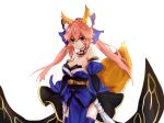  1girl animal_ears blue_legwear blush bow breasts cleavage detached_sleeves dpea9 fate/extra fate/grand_order fate_(series) fox_ears fox_tail hair_bow hair_ribbon japanese_clothes pink_hair ribbon simple_background solo tail tamamo_(fate)_(all) tamamo_no_mae_(fate) white_background yellow_eyes 