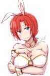  1girl :3 animal_ears artist_name bangs between_breasts blush boudica_(fate/grand_order) bra breasts cleavage closed_mouth commentary_request eyebrows_visible_through_hair fake_animal_ears fate/grand_order fate_(series) fue_(rhomphair) green_eyes hand_between_breasts hand_on_own_chest large_breasts looking_at_viewer rabbit_ears redhead short_hair signature simple_background sketch smile solo underwear upper_body white_background white_bra wrist_cuffs 