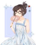  1girl arm_behind_back bangs bare_shoulders beads black-framed_eyewear blue_dress brown_eyes brown_hair closed_mouth collarbone dress eyebrows_visible_through_hair fan glasses hair_bun hair_ornament hair_stick hand_up highres holding holding_fan looking_at_viewer mei_(overwatch) overwatch paper_fan semi-rimless_glasses short_hair sidelocks sleeveless sleeveless_dress smile snowflake_hair_ornament snowflake_print solo twitter_username upper_body 