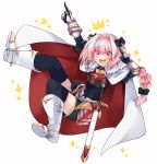  1boy :d black_legwear boots bow braid cape crown fang fate/apocrypha fate/grand_order fate_(series) fur_trim gauntlets hair_bow highres male_focus open_mouth pink_eyes pink_hair pointing ponita rider_of_black single_braid skirt smile sparkle sword thigh-highs trap weapon 