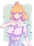  1girl asahina_mirai blonde_hair breasts eyebrows_visible_through_hair jewelry joy_ride large_breasts looking_to_the_side mahou_girls_precure! pendant precure short_hair short_sleeves sketch smile solo upper_body violet_eyes 