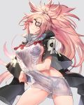  &gt;:( 1girl alternate_costume amputee baiken big_hair blush breasts closed_mouth cowboy_shot dress eyepatch facial_mark gluteal_fold guilty_gear guilty_gear_xrd jacket_on_shoulders long_hair looking_at_viewer medium_breasts open-back_dress oro_(sumakaita) red_eyes ribbed_sweater scar scar_across_eye sideboob solo sweater sweater_dress very_long_hair virgin_killer_outfit virgin_killer_sweater 