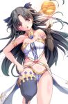  1girl :o armlet bare_shoulders black_hair blush breasts crown earrings fate/grand_order fate_(series) feet highres hoop_earrings ishtar_(fate/grand_order) jewelry long_hair looking_at_viewer maimu_(gol-em-1226) planet red_eyes single_thighhigh solo thigh-highs tohsaka_rin two_side_up 
