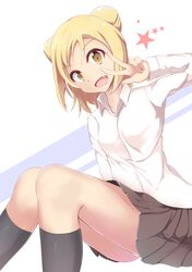  1girl black_legwear blonde_hair brown_skirt demi-chan_wa_kataritai double_bun dress_shirt fang highres kneehighs looking_at_viewer mia_(kuja999) open_mouth panties pleated_skirt school_uniform shirt short_hair skirt smile solo star takanashi_hikari underwear v vampire white_panties white_shirt yellow_eyes 