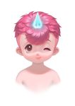  1boy ;) absurdres eyelashes glowing_horns highres horn looking_at_viewer one_eye_closed personification pink_hair qian_(ovira) red_eyes shiny shiny_skin simple_background smile solo undercut unico unico_(character) white_background 
